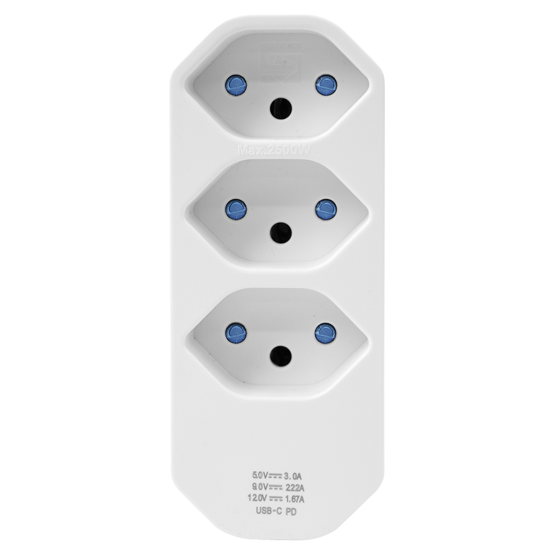 Mehrfachadapter MANTA 3xT13 + 1xUSB-C PD drehbar 320° ws