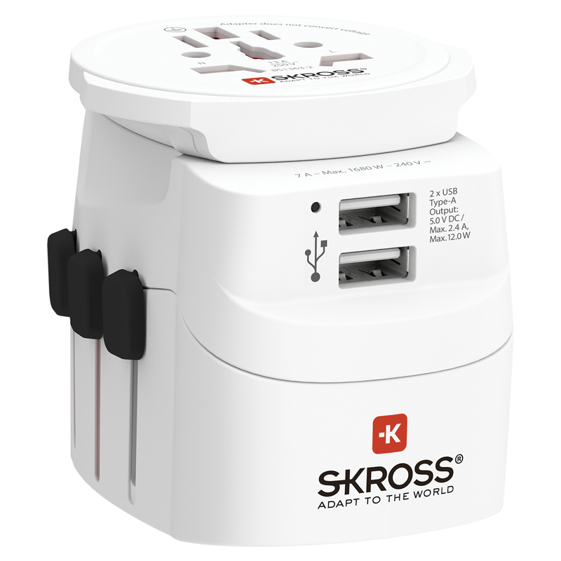 SKROSS Adapt. de voyage PRO Monde - Monde + 2xUSB-A 3 pôles max. 7A avec fusible