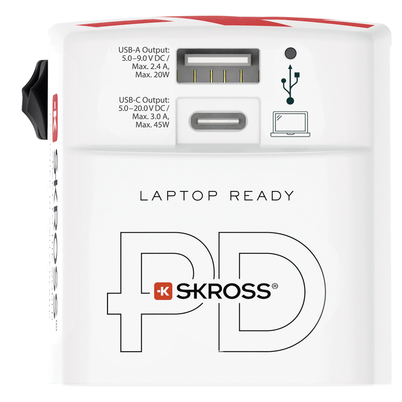 SKROSS Reiseadapter World + 2x USB, 3-polig, max. 4.8A, mit Sicherung, ws