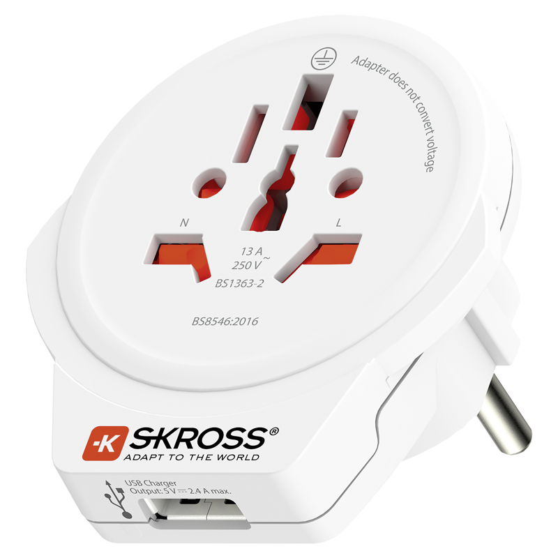 SKROSS Adapt. de voyage PRO Monde - Monde +1xUSB-A 3 pôles max. 7A avec fusible