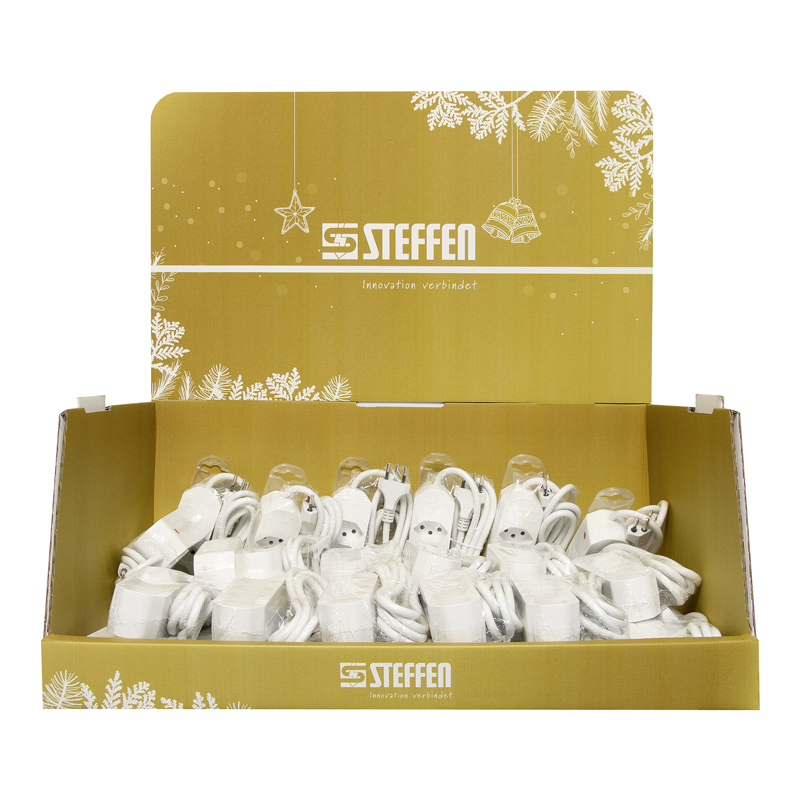 X-MAS Schüttendisplay mit 30 Stk Steckdosenleise 4xT13 mit Resetknopf weiss