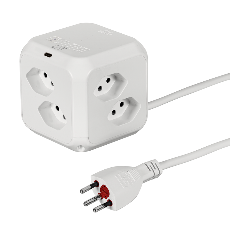 Presa multipla CUBE 8xT13 + 1xUSB-C PD 18W 1.5m con microfusibile integrato bi