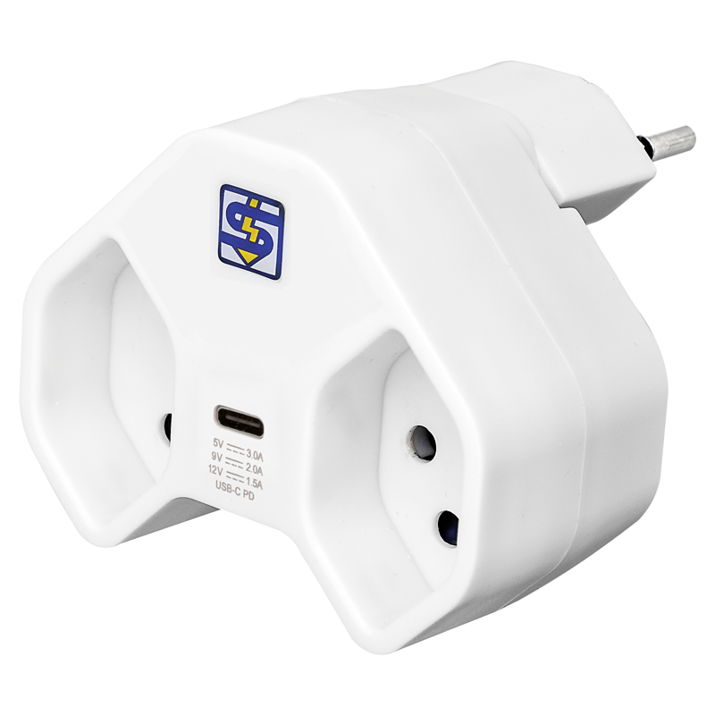 Adaptateur multiple MANTA 2xT13 + 1xUSB-C PD rotatif 320° bl