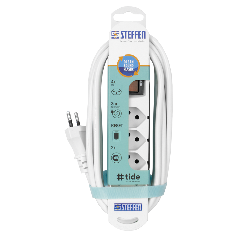 Steckdosenleiste TIDE  4xT13 3m mit Schalter und Haftmagnete ws