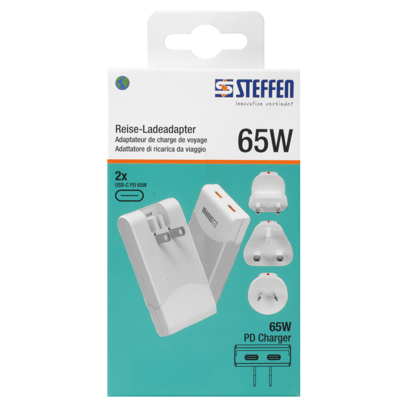 Adatt. di ricarica da viaggio Mondo PD65W 2xUSB-C max. 5A bianco
