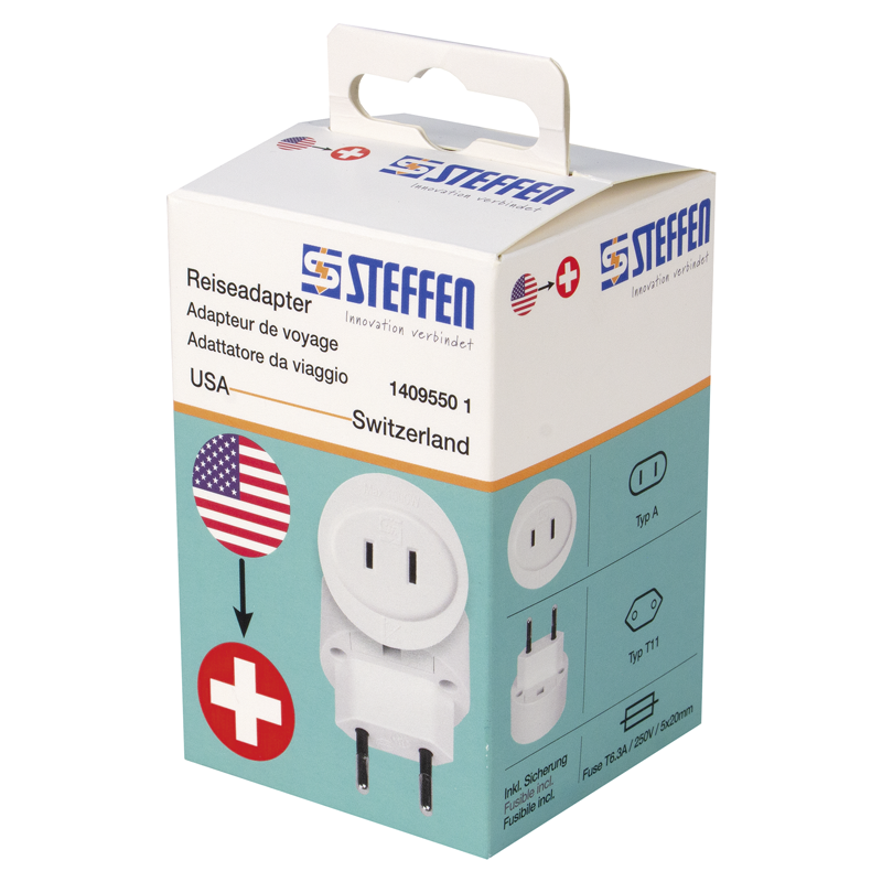 Reiseadapter USA - Schweiz/Euro 2-polig max. 6.3A mit Sicherung ws