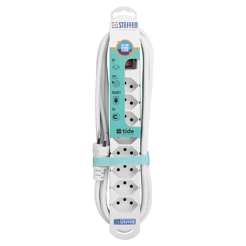 Steckdosenleiste TIDE  8xT13 3m mit Schalter und Haftmagnete ws