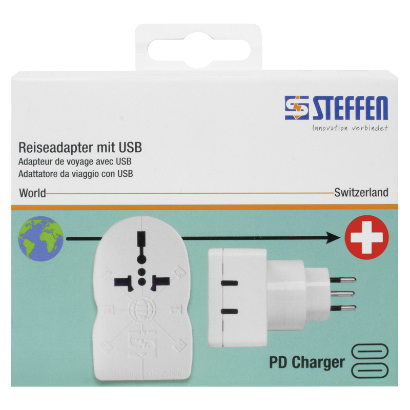 Reiseadapter World - Europa/Schweiz + 2xUSB-C 3-polig max. 10A mit Sicherung ws