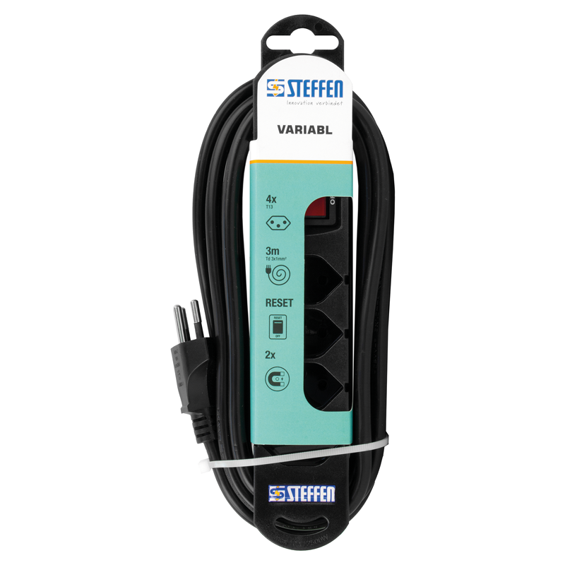 Steckdosenleiste VARIABL 4xT13 3m mit Schalter und Haftmagnete sw