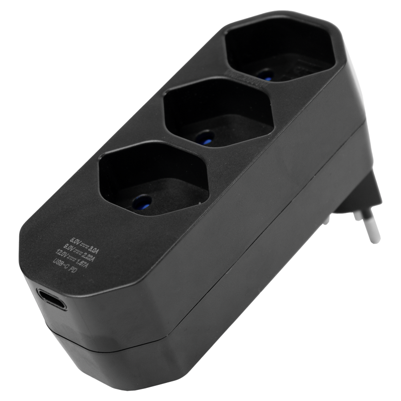 Mehrfachadapter MANTA 3xT13 + 1xUSB-C PD drehbar 320° sw