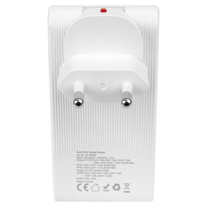 Adatt. di ricarica da viaggio Mondo PD65W 2xUSB-C max. 5A bianco