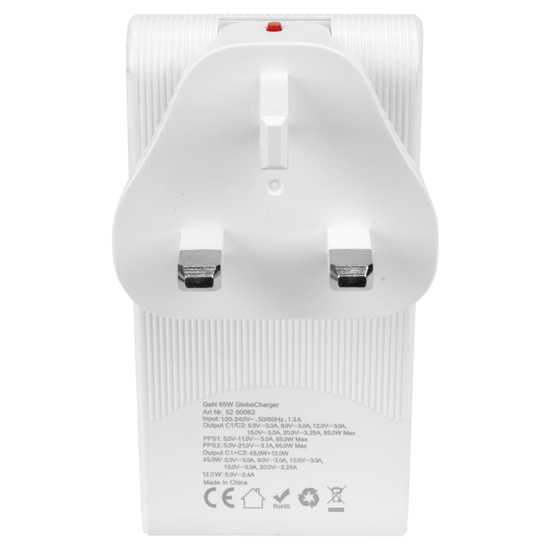 Adatt. di ricarica da viaggio Mondo PD65W 2xUSB-C max. 5A bianco