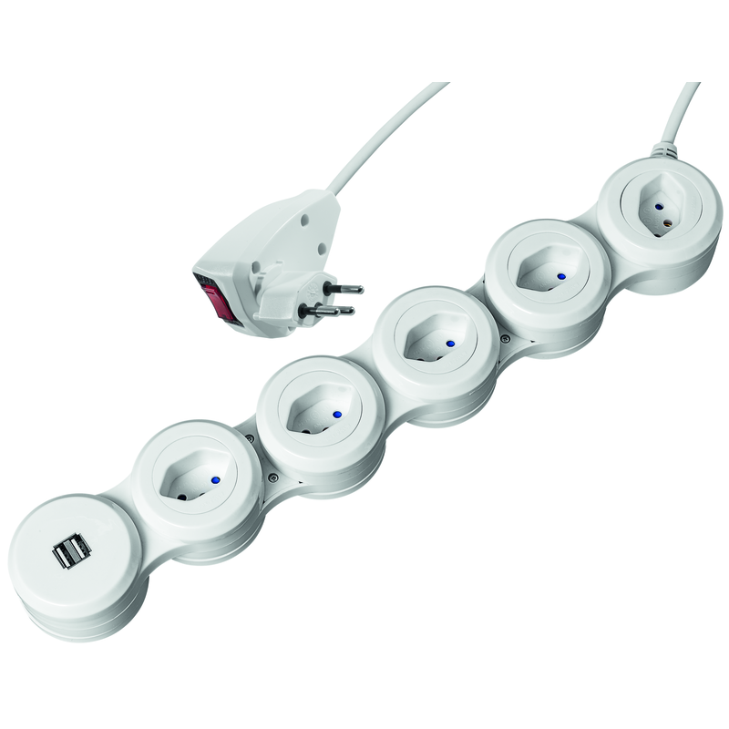Steckdosenleiste SNAKE 5xT13 + 2xUSB-A 1.5m mit Schalter ws