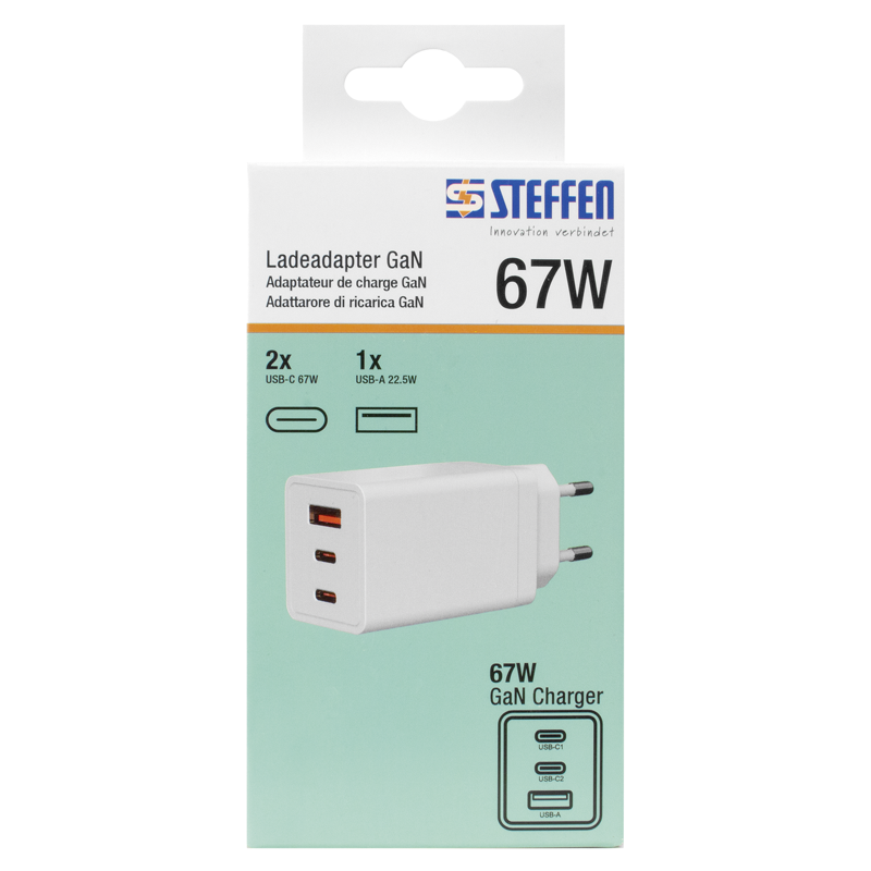 Ladeadapter GaN 67W PD 1xUSB-A + 2xUSB-C max. 5.85A ws