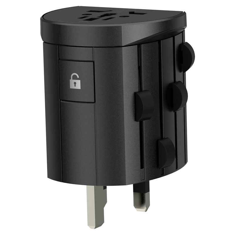 SKROSS Reiseadapter ALPHA mit USB-Ladegerät 1x Typ C + 1x Typ A, 10A, schwarz