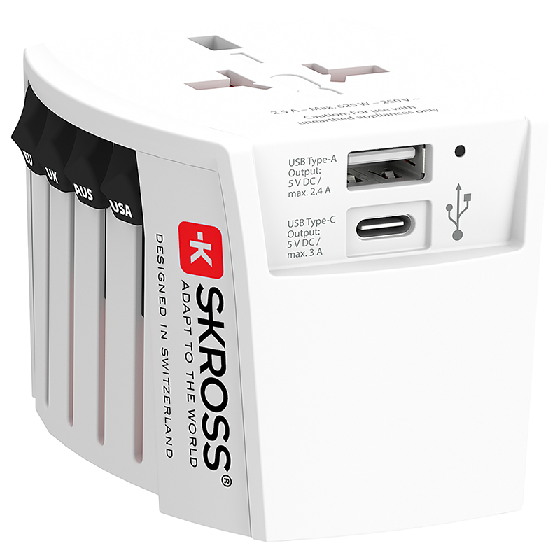 SKROSS Adaptateur de voyage Monde - Monde + 1xUSB-A + USB-C 2-pin max. 2.5A bl