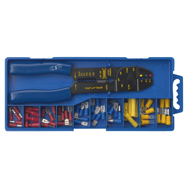 Assortiment de prises plates/rondes 1.5 - 6mm² + pince à sertir 520