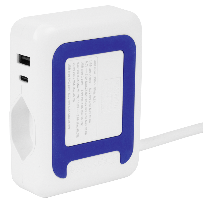 Stazione di ricarica IQ 1xT13 + 1xUSB-A 36W + 1xUSB-C PD 45W + QI 1W 1.5m bi