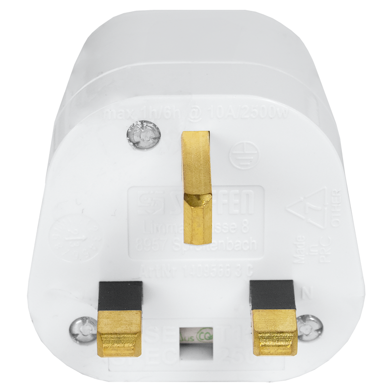 Reiseadapter Schweiz - UK 3-polig max. 10A mit Sicherung ws