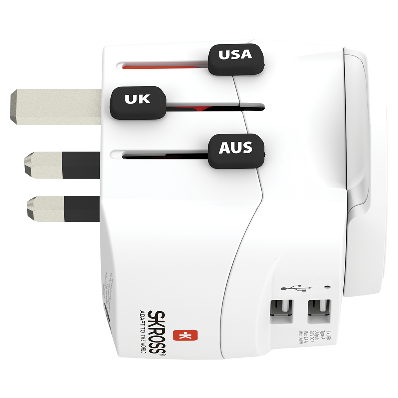 SKROSS Adapt. de voyage PRO Monde - Monde + 2xUSB-A 3 pôles max. 7A avec fusible