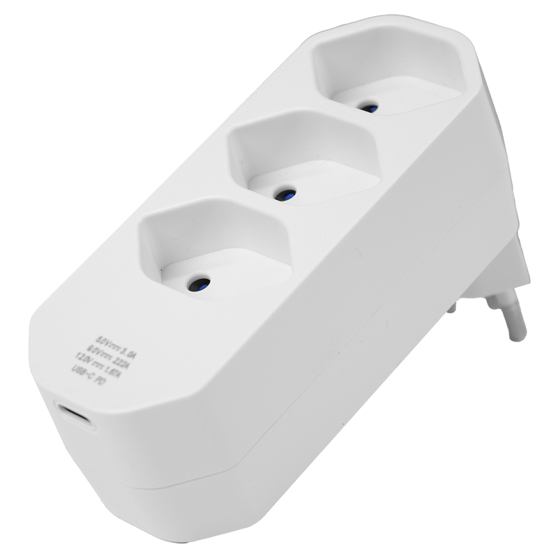 Mehrfachadapter MANTA 3xT13 + 1xUSB-C PD drehbar 320° ws