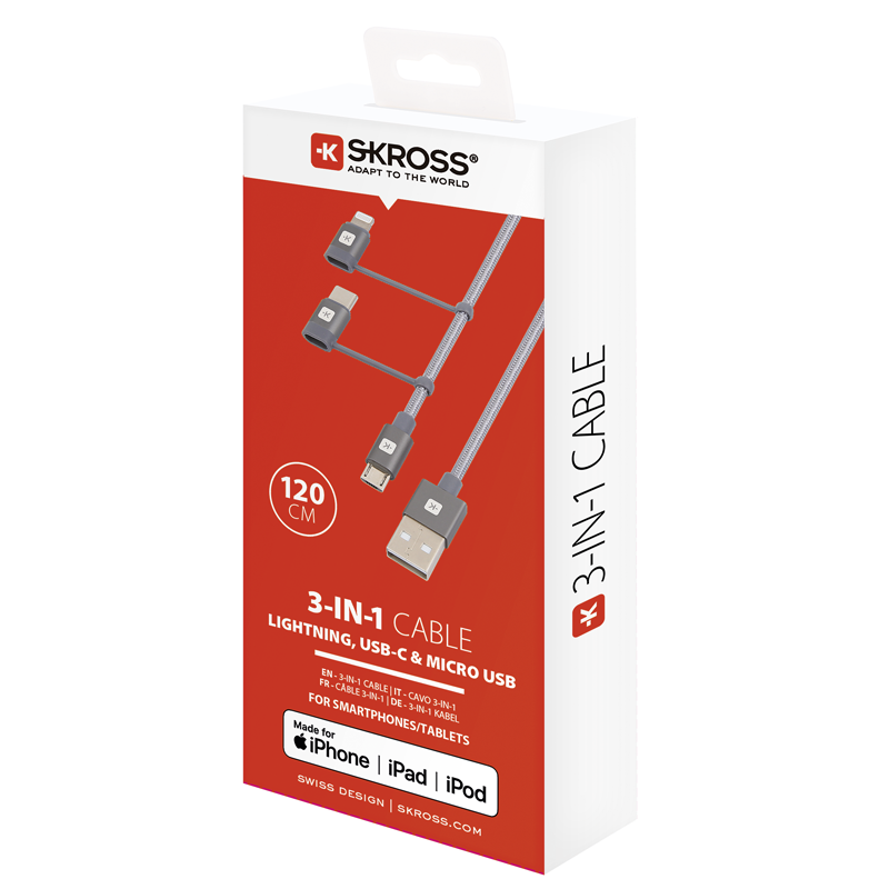SKROSS 3in1 Lightning Connector + USB-C + Micro-USB 120cm max. 5V/3A gr