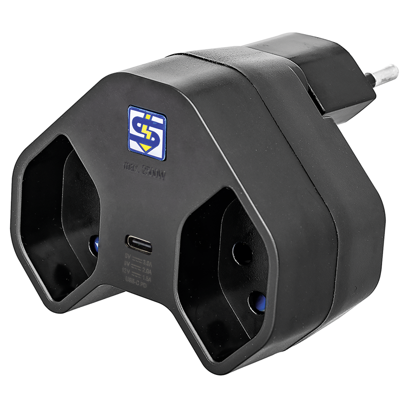 Adaptateur multiple MANTA 2xT13 + 1xUSB-C PD rotatif 320° nr