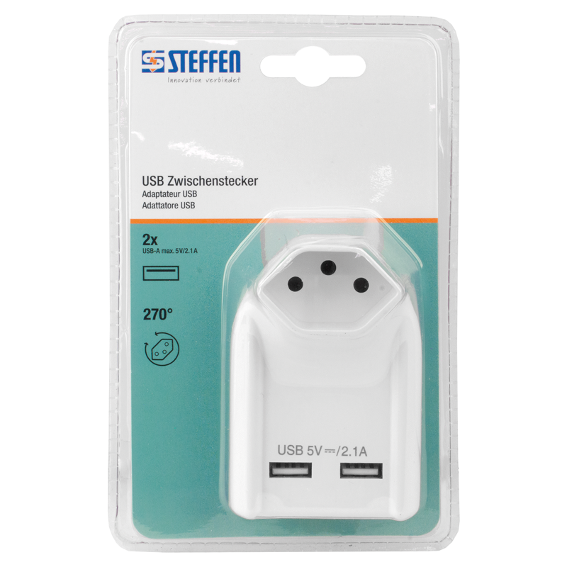 Chargeur 2xUSB-A 5V/2.1A + 1xT13 rotatif 270° bl