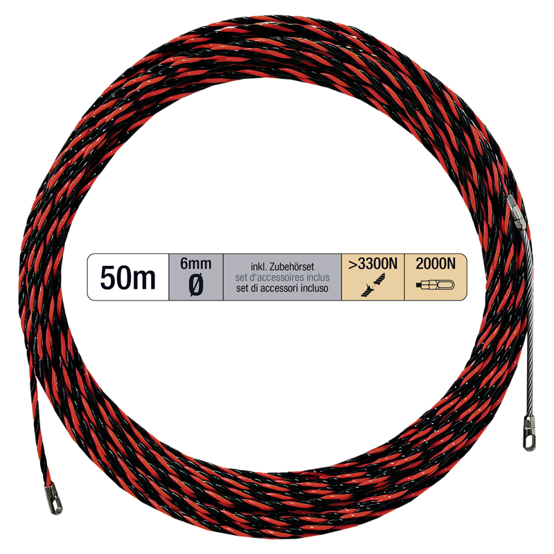 Tire-fil PROFFESSIONAL 50m Ø 6mm avc ressort de rech. + jeu d'accessoires nr/rg