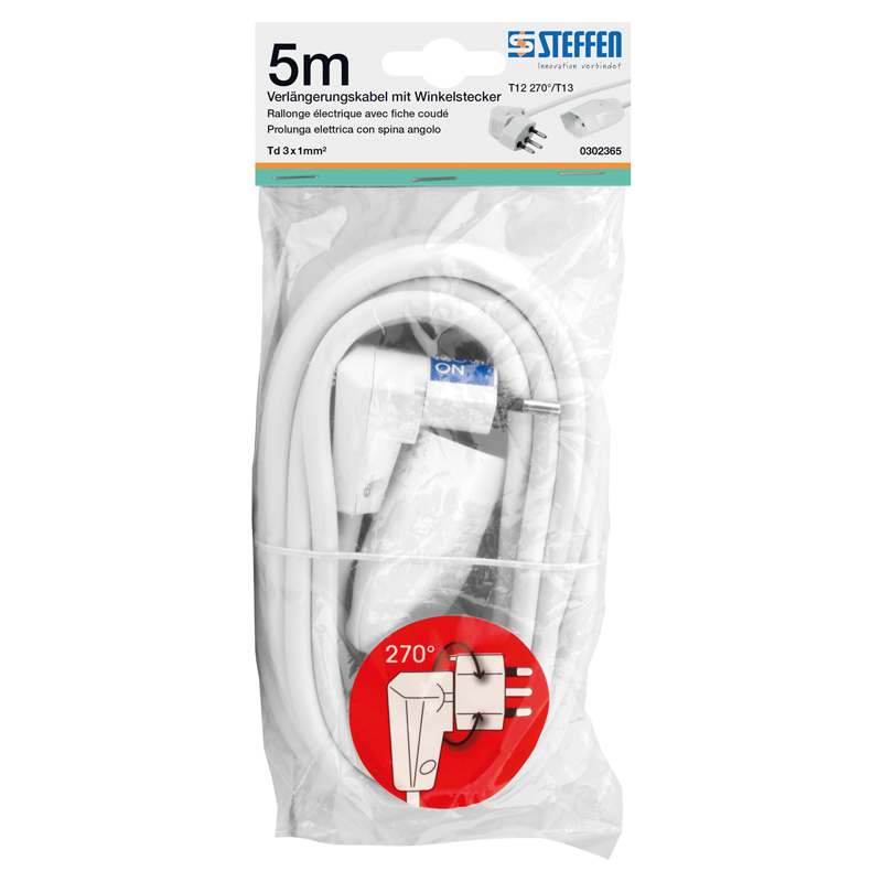 Prolunga elettrica Td 3x1mm2 5m T12-T13 con spina angolare girevole PEACHICK bi
