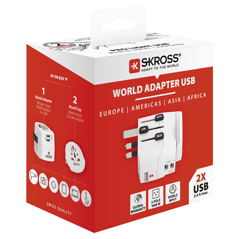 SKROSS Adapt. de voyage PRO Monde - Monde + 2xUSB-A 3 pôles max. 7A avec fusible
