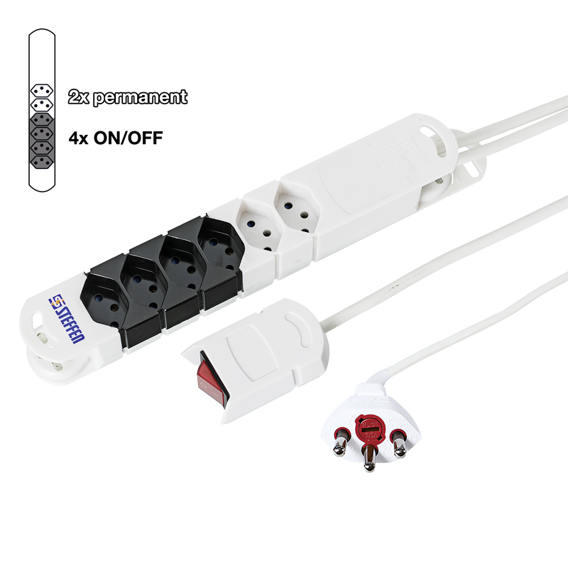 Presa multipla VARIABL TWICE 4+2xT13 3m con interruttore a cavo esterno bi