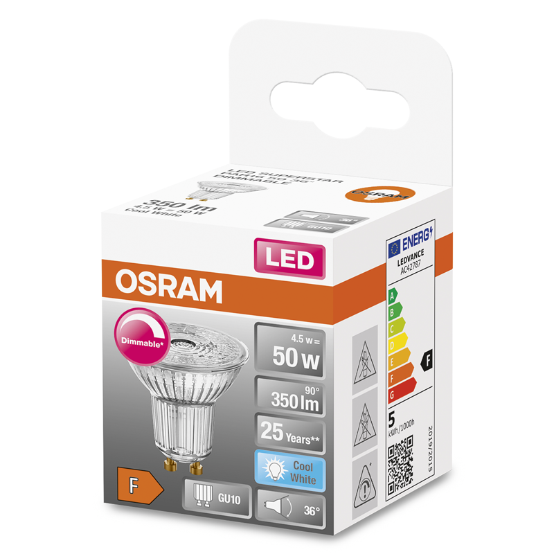 Osram LED Superstar PAR16 GU10 240V 4.5W 350lm CW