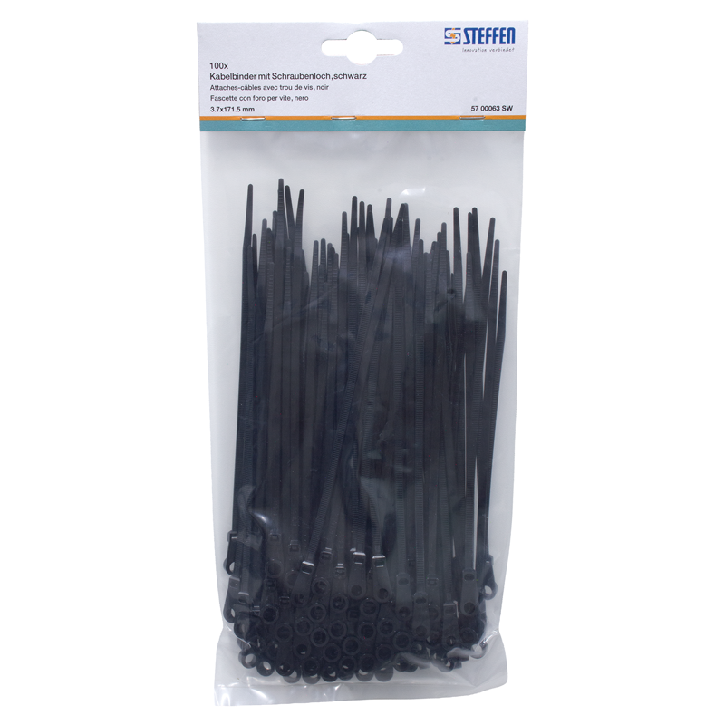 Fascette con foro per vite nera 171.5mm x 3.7mm, Pack à 100 pz.