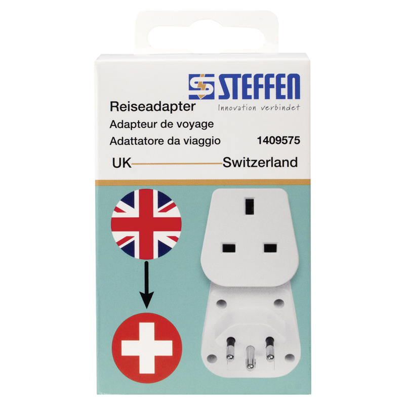Reiseadapter UK - Schweiz 3-polig max. 10A mit Sicherung ws