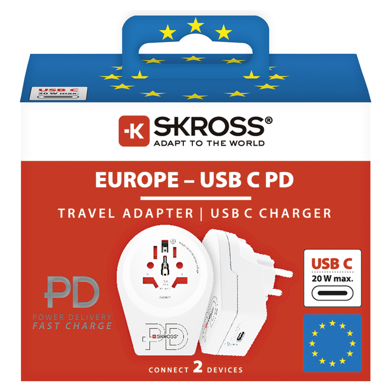 SKROSS Adaptateur de voyage Monde - Europe + 1xUSB-C 3 pôles max. 16A bl