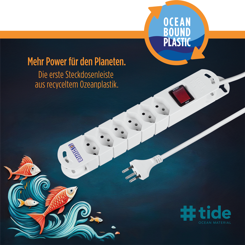 Steckdosenleiste TIDE  6xT13 3m mit Schalter und Haftmagnete ws