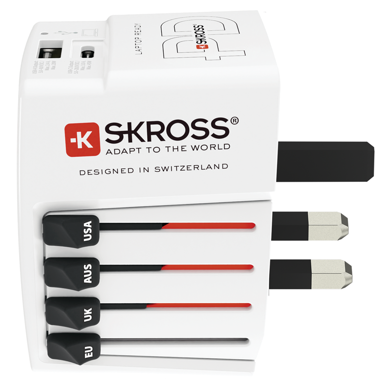SKROSS Reiseadapter World + 2x USB, 3-polig, max. 4.8A, mit Sicherung, ws