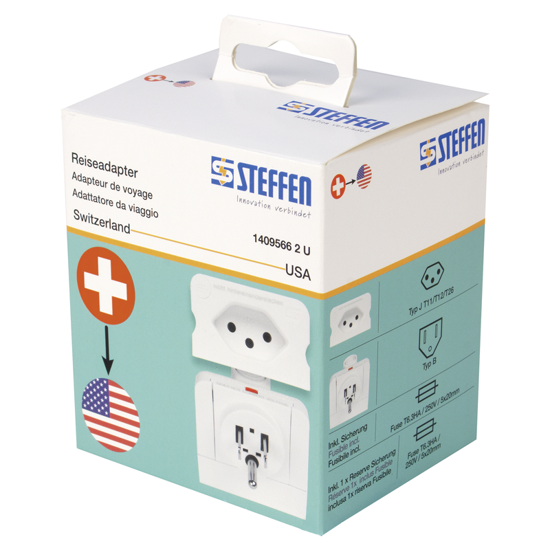 Reiseadapter Schweiz - USA 3-polig max. 6.3A mit Sicherung ws