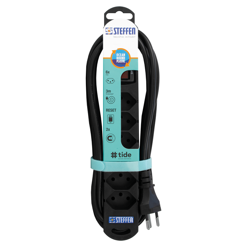 Steckdosenleiste TIDE  6xT13 3m mit Schalter und Haftmagnete sw