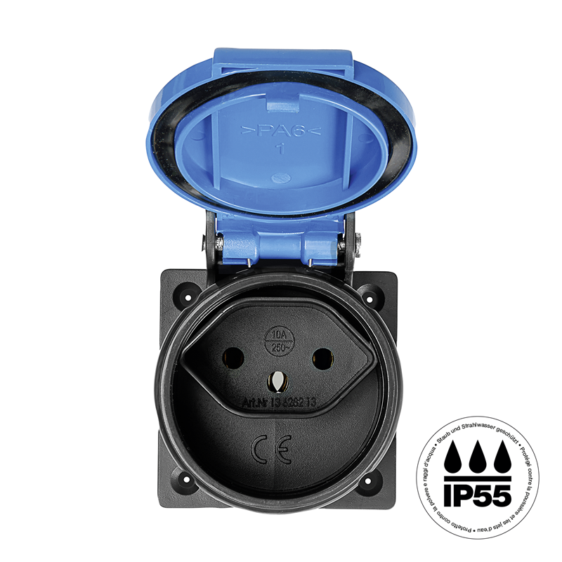 Prise à encastrer 1xT13 (10A/250V) IP55 anthracite couvercle bleu clair