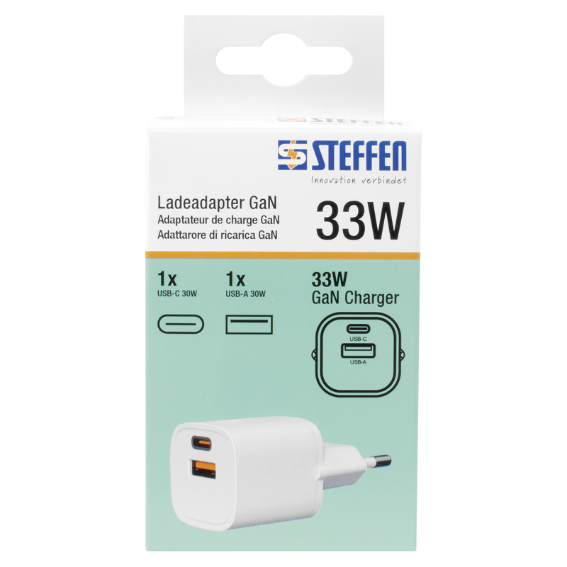 Ladeadapter GaN 33W PD 1xUSB-A + 1xUSB-C max. 3.6A ws