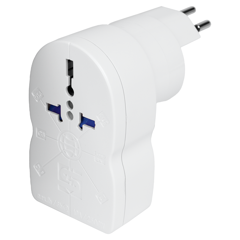 Reiseadapter World - Europa/Schweiz + 1xUSB-A 3-polig max. 10A mit Sicherung ws