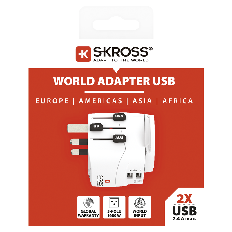 SKROSS Adapt. de voyage PRO Monde - Monde + 2xUSB-A 3 pôles max. 7A avec fusible