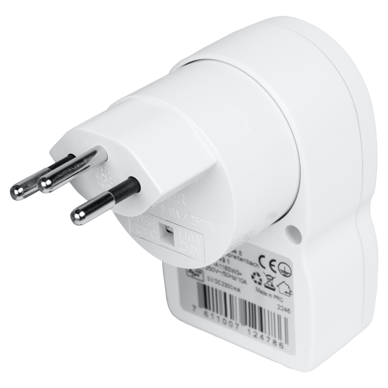 Reiseadapter World - Europa/Schweiz + 1xUSB-A 3-polig max. 10A mit Sicherung ws