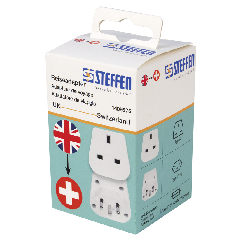 Reiseadapter UK - Schweiz 3-polig max. 10A mit Sicherung ws