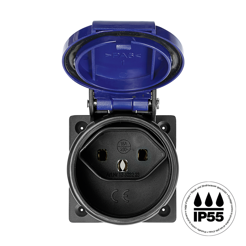 Prise à encastrer 1xT23 (16A/250V) IP55 anthracite couvercle bleu