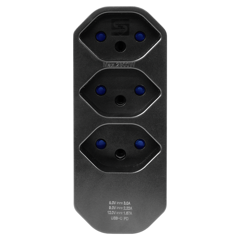 Mehrfachadapter MANTA 3xT13 + 1xUSB-C PD drehbar 320° sw