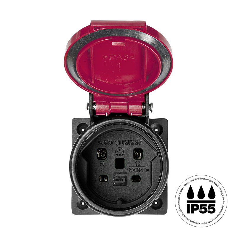 Prise à encastrer 1xT25 (16A/400V) IP55 anthracite couvercle rouge