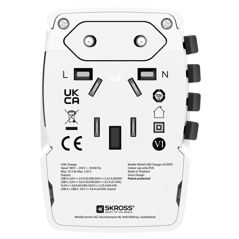 SKROSS Reiseadapter World + 2x USB, 3-polig, max. 4.8A, mit Sicherung, ws